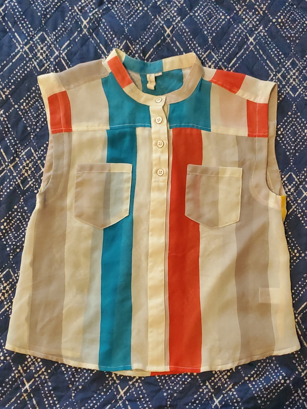 Vertical Rainbow Stripe Parachute Pattern Sheer Sleeveless Button Collar Blouse